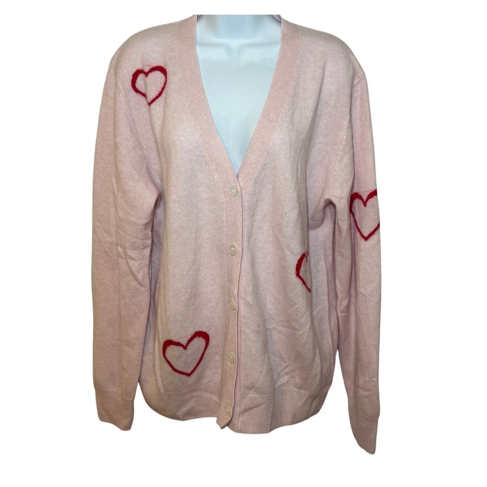 Two to Five Cashmere Cardigan Womens XL Pink Red Heart Intarsia V-Neck Sweater